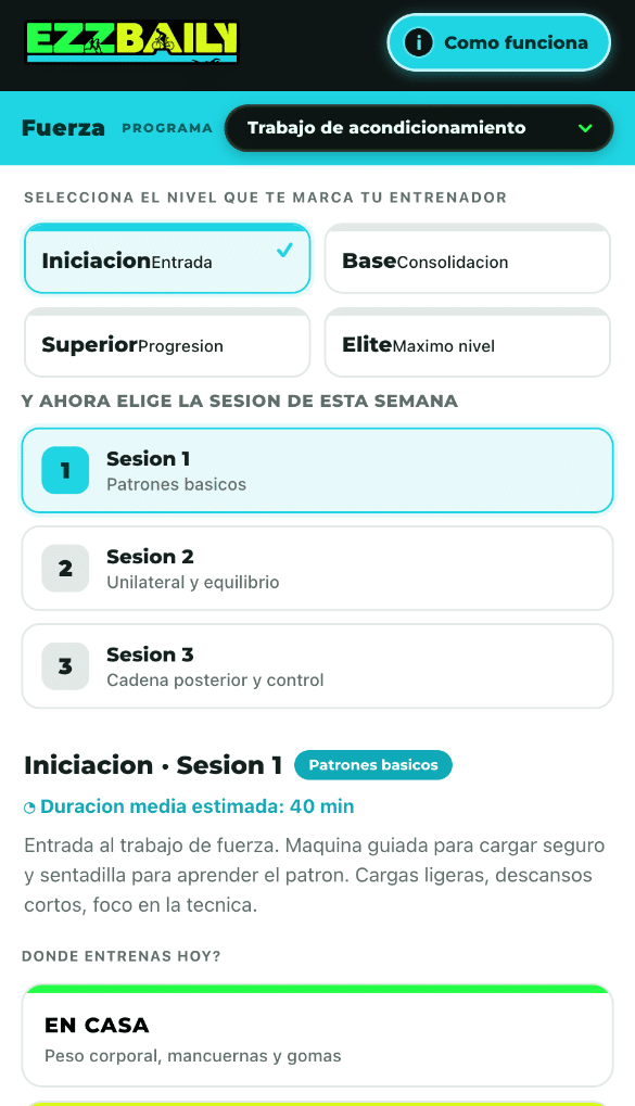 App de fuerza de Ezz Baily: niveles y sesiones de la semana